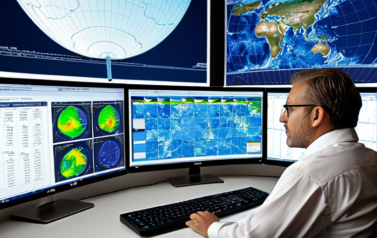 **
A sophisticated actuary, surrounded by complex statistical models on multiple monitors, analyzing climate risk data related to extreme weather events. The scene should convey a sense of deep concentration and the use of technology for risk prediction and mitigation.
**