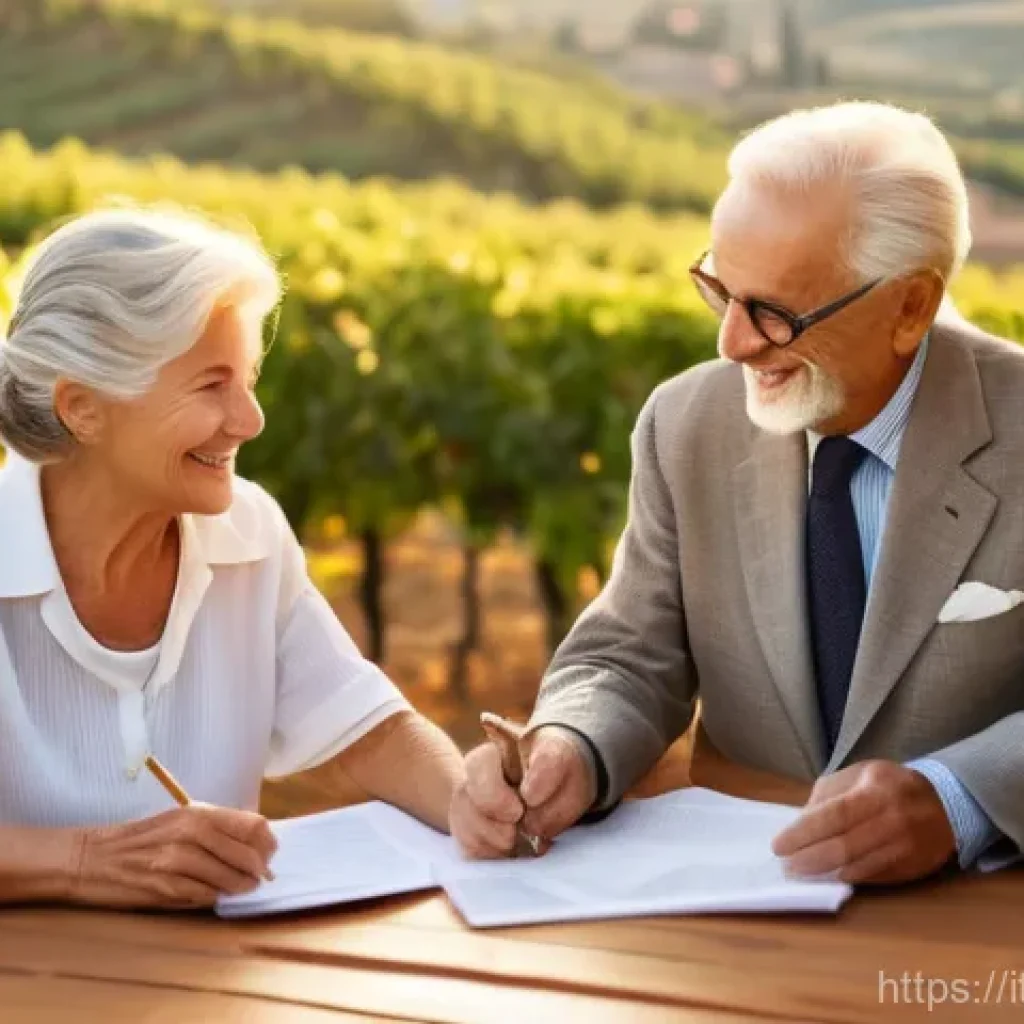 보험계리사와 연금 보험 설계 - **Prompt:** A serene, fully clothed Italian elderly couple (around 70s) sitting comfortably on a sun...