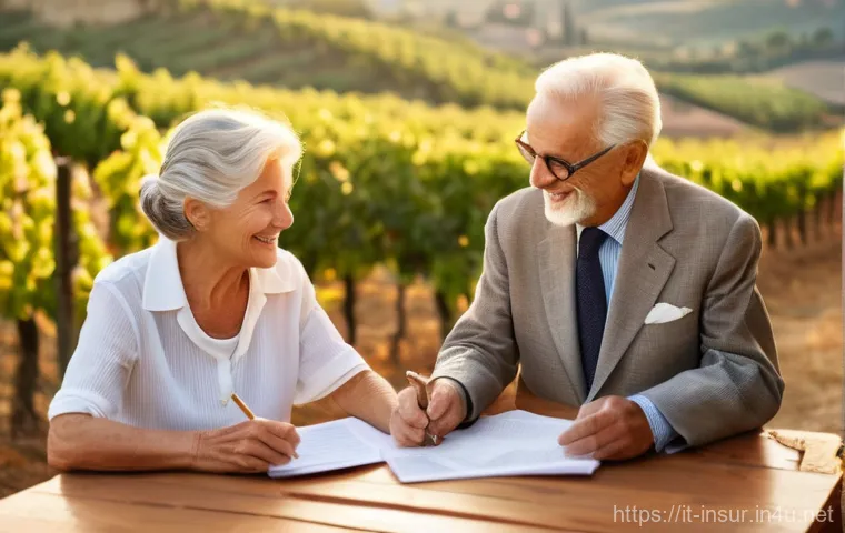 보험계리사와 연금 보험 설계 - **Prompt:** A serene, fully clothed Italian elderly couple (around 70s) sitting comfortably on a sun...
