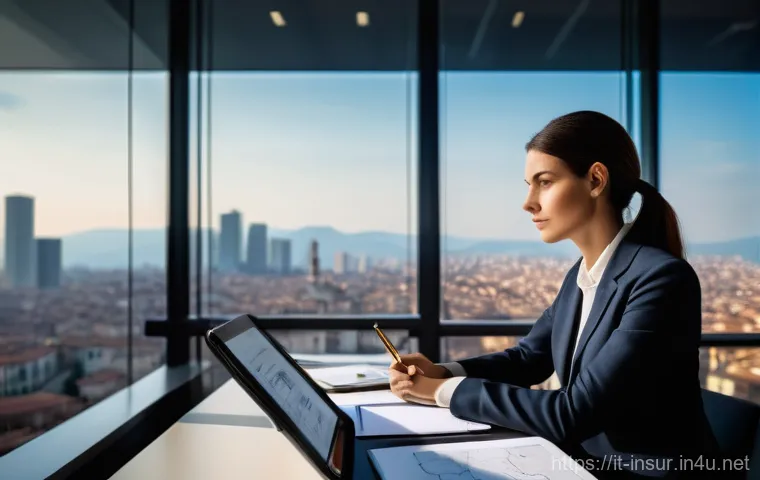 보험계리사와 크레딧 리스크 - **Prompt:** "An Italian actuary, male or female, in a modern, well-lit office, with large windows ov...
