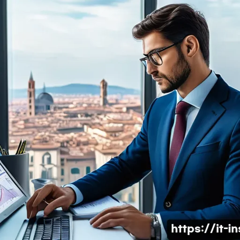 보험계리사 보험상품 분석 사례 - A modern Italian insurance office setting where a professional actuary, dressed in business casual a...