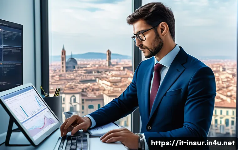 보험계리사 보험상품 분석 사례 - A modern Italian insurance office setting where a professional actuary, dressed in business casual a...