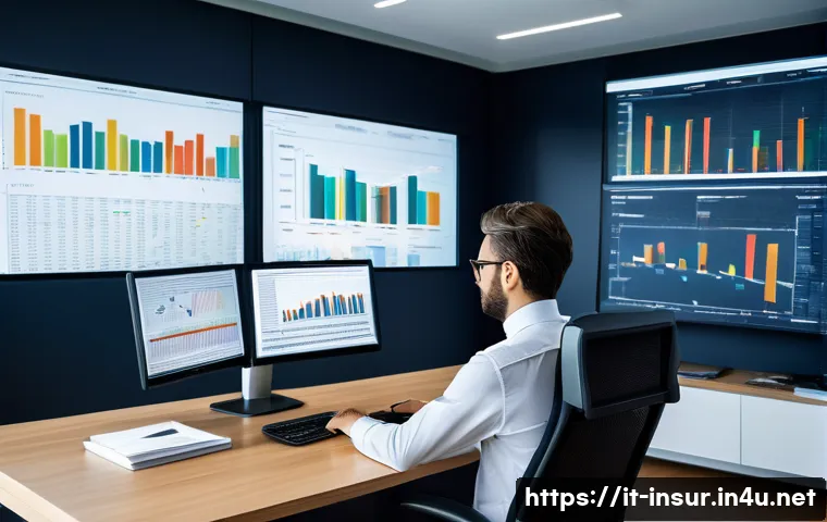 보험계리사와 연봉 인상 전략 - A professional actuarial analyst working in a modern Italian insurance office, focused on a high-tec...