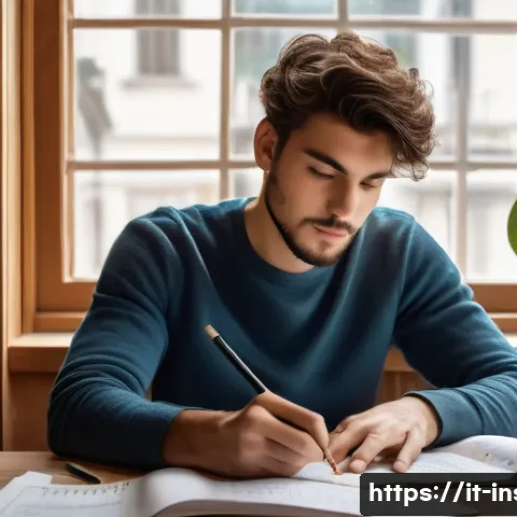 보험계리사 시험 합격 팁 - A focused Italian student sitting at a tidy wooden desk in a cozy study room, surrounded by neatly o...