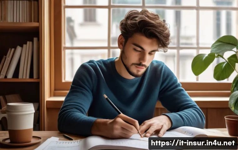 보험계리사 시험 합격 팁 - A focused Italian student sitting at a tidy wooden desk in a cozy study room, surrounded by neatly o...