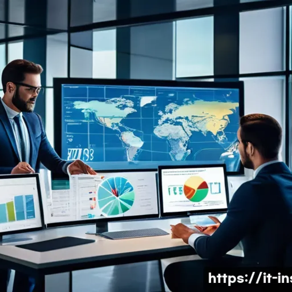 보험계리사와 시장 세분화 전략 - A modern office setting with diverse Italian actuaries collaborating around a large digital touchscr...