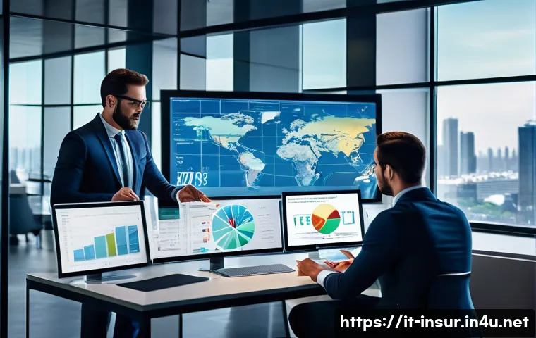 보험계리사와 시장 세분화 전략 - A modern office setting with diverse Italian actuaries collaborating around a large digital touchscr...