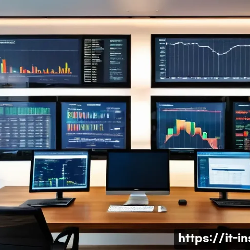 보험계리사와 리스크 포트폴리오 - A sophisticated financial analyst’s modern office in Milan, Italy, featuring multiple large screens ...