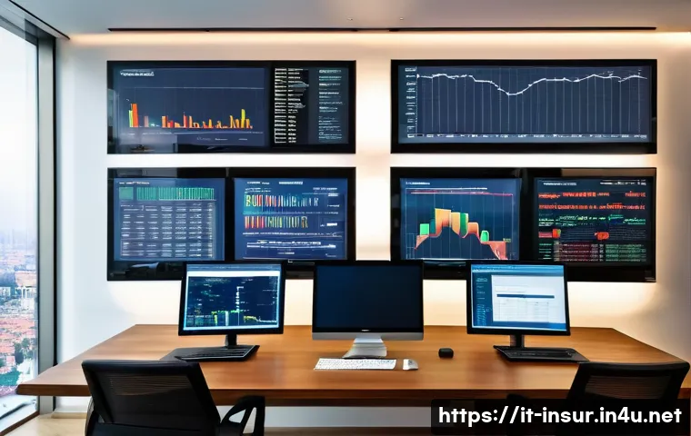 보험계리사와 리스크 포트폴리오 - A sophisticated financial analyst’s modern office in Milan, Italy, featuring multiple large screens ...