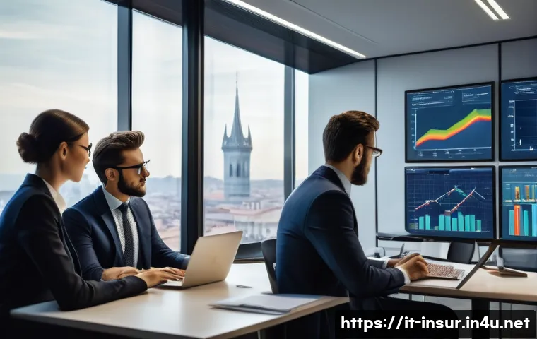 보험계리사와 단체보험 설계 - A professional actuary team in a modern Italian office, analyzing complex statistical data on multip...