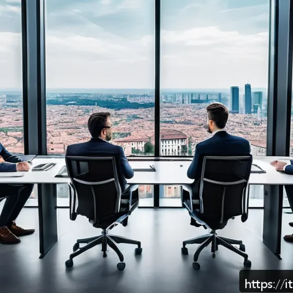 보험계리사와 AI 보험 분석 도구 - A modern insurance office scene in Milan, Italy, featuring a diverse team of actuaries, data scienti...