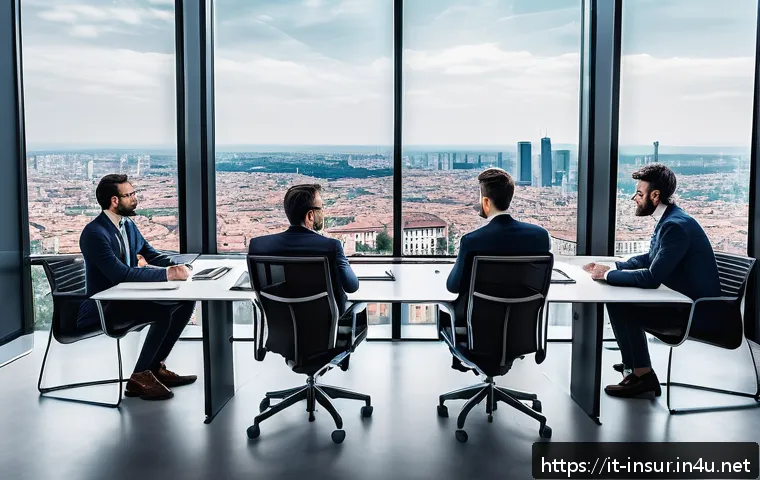보험계리사와 AI 보험 분석 도구 - A modern insurance office scene in Milan, Italy, featuring a diverse team of actuaries, data scienti...