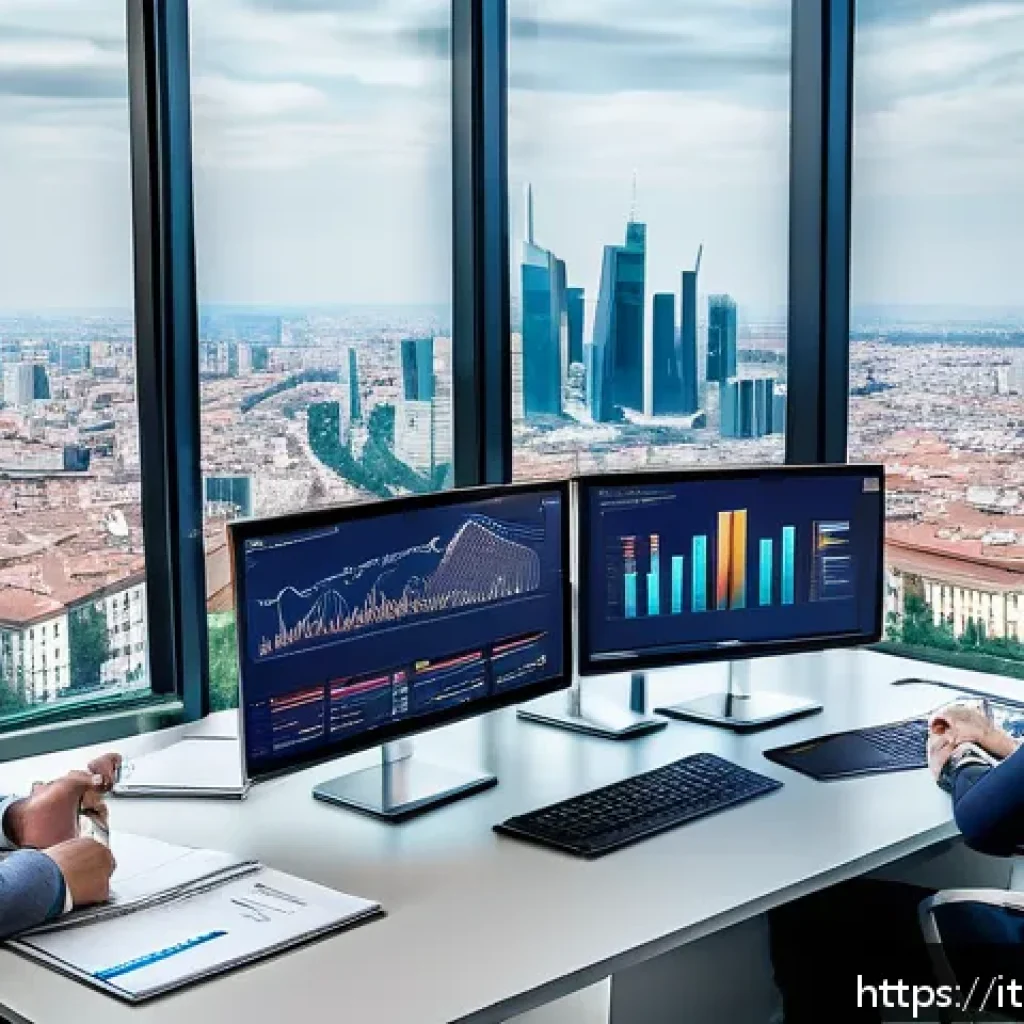 보험계리사와 상품 재설계 방법 - A modern insurance office scene in Milan, Italy, showing actuaries analyzing granular data on large ...