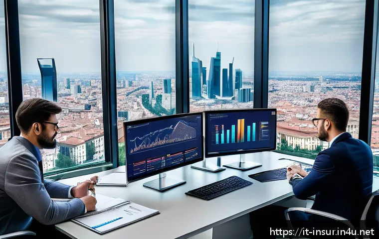 보험계리사와 상품 재설계 방법 - A modern insurance office scene in Milan, Italy, showing actuaries analyzing granular data on large ...