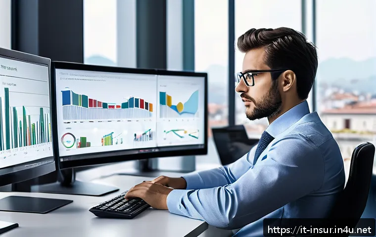 보험계리사 커리어 전환 사례 - A professional Italian actuary in a modern office setting, analyzing advanced statistical data on mu...