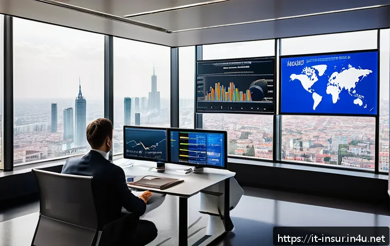 보험계리사와 보험 리스크 분류 - A modern insurance office setting in Milan, Italy, with diverse professionals analyzing large digita...
