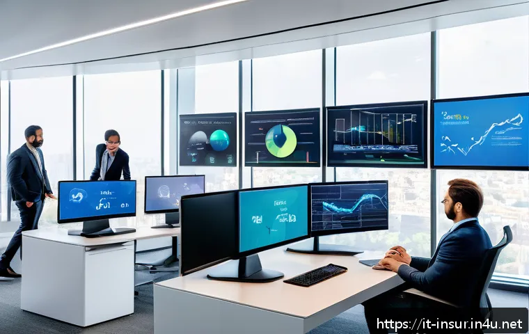 보험계리사와 글로벌 트렌드 적용 - A modern Italian actuary office with professionals analyzing large digital screens displaying comple...