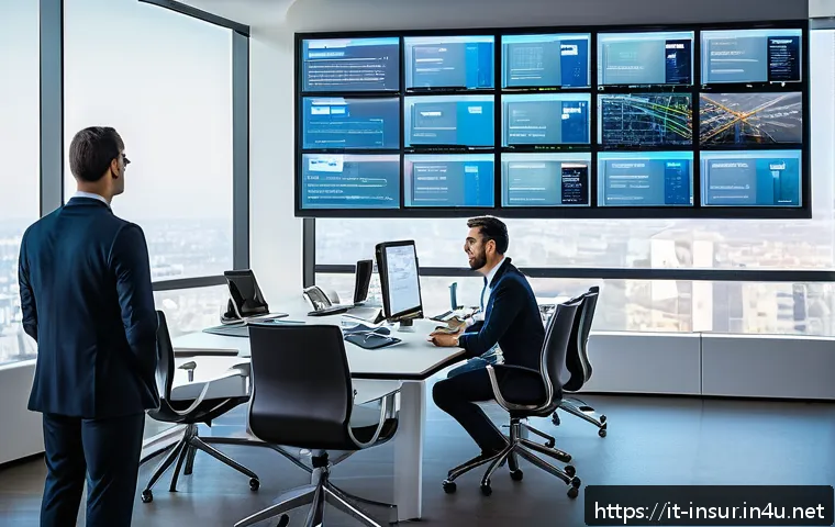 보험계리사와 실무 통계 프로그램 - A modern insurance office environment showcasing actuaries at work with multiple large digital scree...