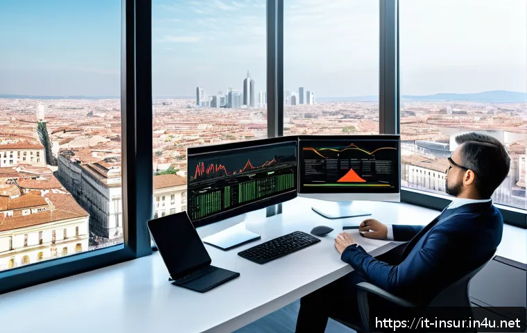 보험계리사와 보장 자산 관리 - A modern financial advisor’s office scene in Milan, Italy, with a professional actuary analyzing dyn...