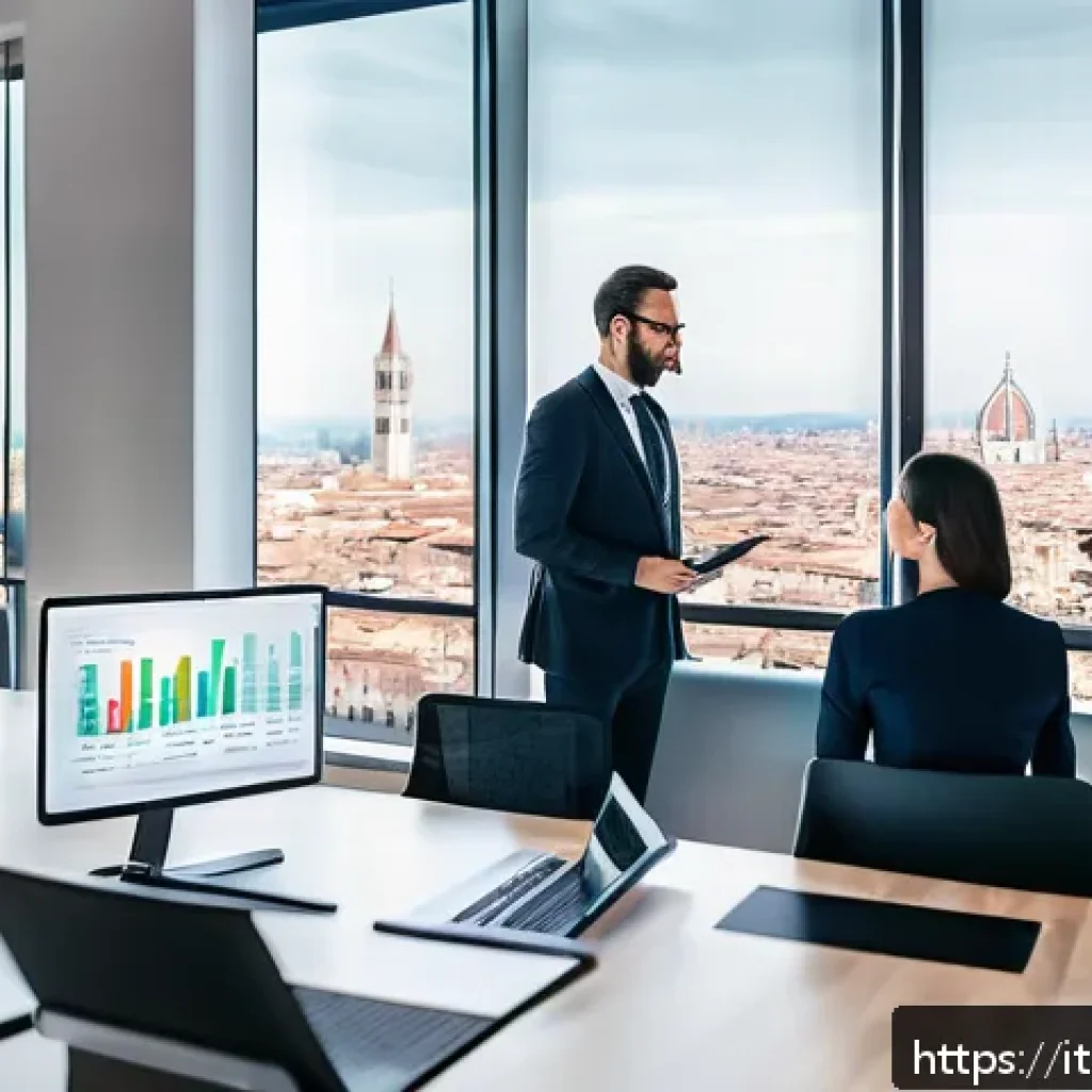 보험계리사와 보험 시장 분석 - A modern Italian insurance office interior with diverse professionals collaborating around a high-te...