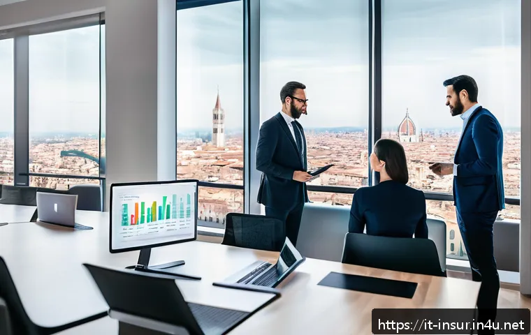 보험계리사와 보험 시장 분석 - A modern Italian insurance office interior with diverse professionals collaborating around a high-te...