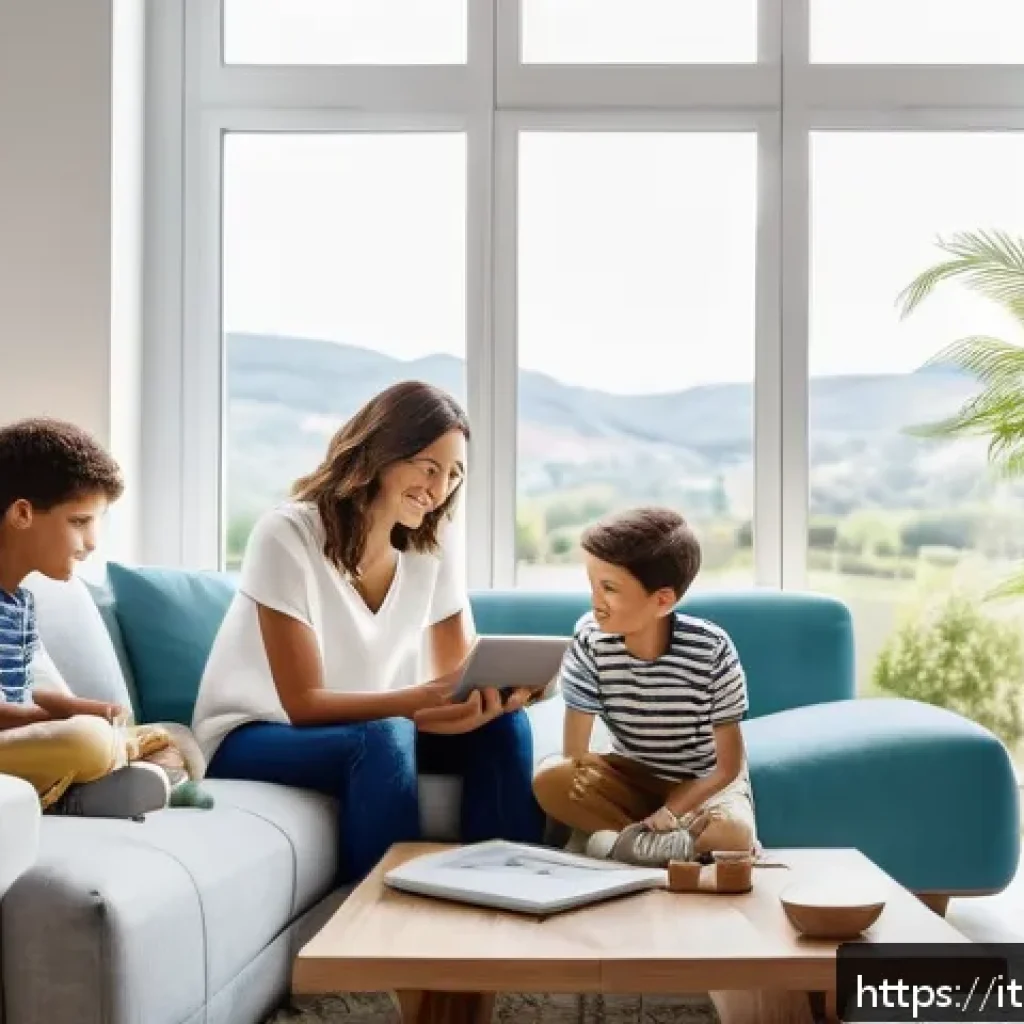 보험계리사와 보험 소비자 트렌드 - A modern Italian family sitting comfortably in their stylish living room, using a tablet to compare ...