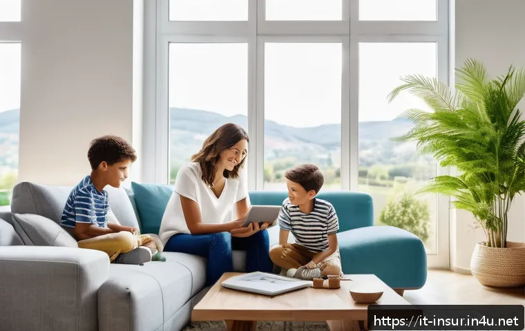 보험계리사와 보험 소비자 트렌드 - A modern Italian family sitting comfortably in their stylish living room, using a tablet to compare ...
