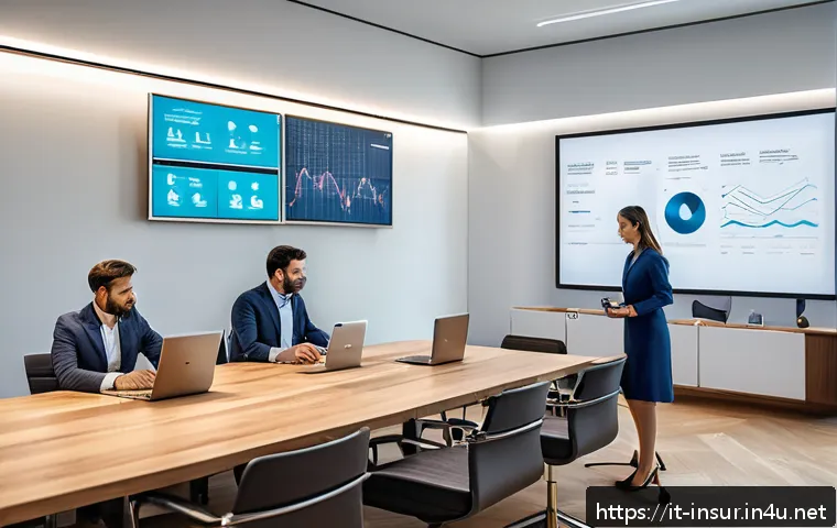 보험계리사와 신규 보험 상품 아이디어 - A modern Italian insurance office environment showcasing a diverse group of professionals collaborat...