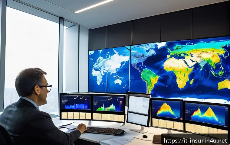 보험계리사와 재보험 활용법 - A modern insurance actuary office scene featuring a diverse team of professionals analyzing real-tim...