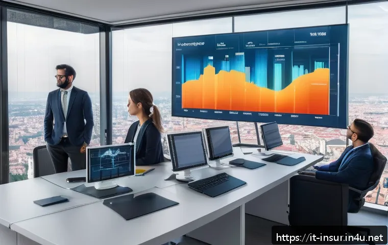 보험계리사와 디지털 보험 전략 - A modern insurance office scene in Italy featuring actuaries and data scientists collaborating over ...