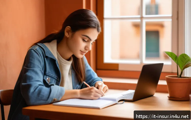 보험계리사 자격증 공부 방법 - A focused young adult student studying at a cozy Italian-style home office, natural sunlight streami...