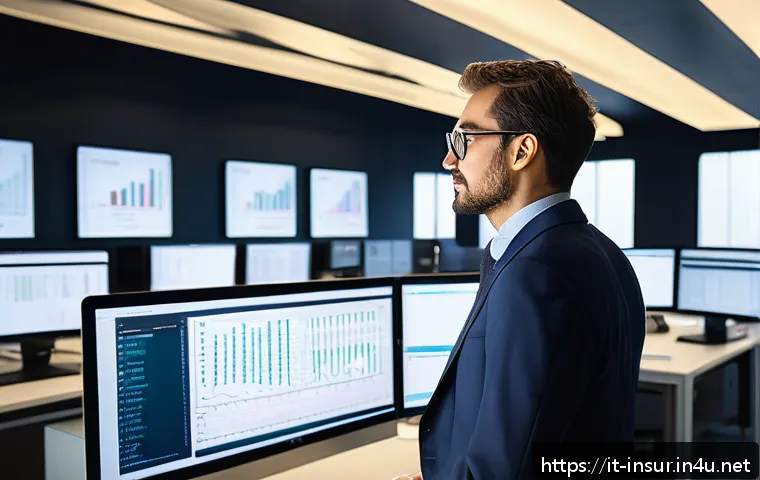 보험계리사 현직자의 하루 일과 - A professional Italian actuary in a modern office environment, carefully analyzing large datasets di...