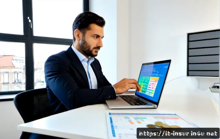 Home 17 보험계리사 영어 능력의 중요성 - Photorealistic Italian actuarial professional in a bright Milan office, reviewing colorful risk char...